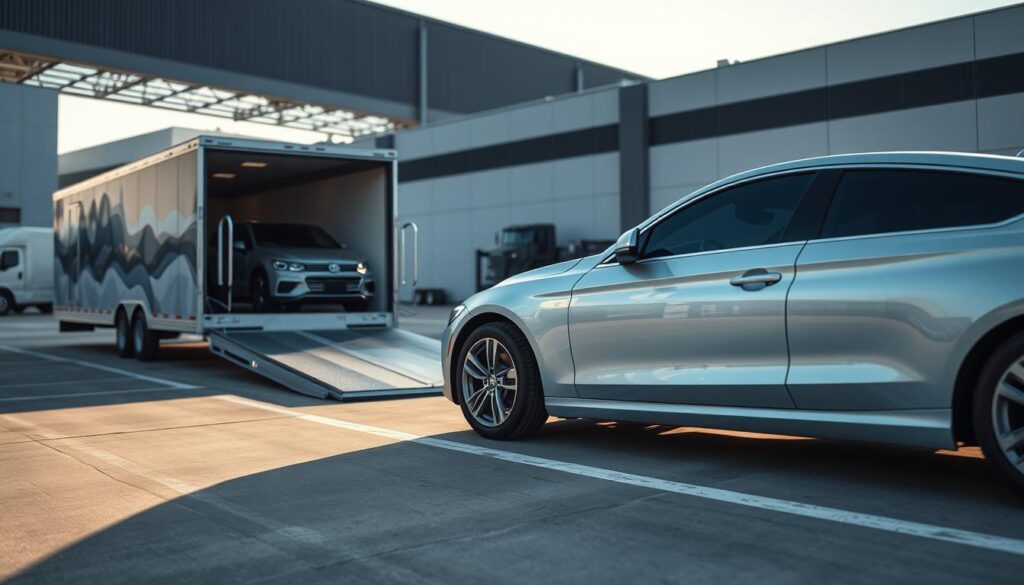 A well-lit, high-quality photograph of a car being loaded onto a specialized car shipping trailer in the parking lot of a modern, professional-looking car shipping facility in Sugar Land, Texas. The car has a sleek, clean design and is parked in the foreground, with the trailer and facility buildings visible in the middle ground. The lighting is soft and natural, casting long shadows and highlighting the car's details. The scene conveys a sense of reliability, security, and attention to detail, reflecting the trustworthy nature of the local, insured vehicle shipping services available in Sugar Land. A well-lit, high-quality photograph of a car being loaded onto a specialized car shipping trailer in the parking lot of a modern, professional-looking car shipping facility in Sugar Land, Texas. The car has a sleek, clean design and is parked in the foreground, with the trailer and facility buildings visible in the middle ground. The lighting is soft and natural, casting long shadows and highlighting the car's details. The scene conveys a sense of reliability, security, and attention to detail, reflecting the trustworthy nature of the local, insured vehicle shipping services available in Sugar Land.
