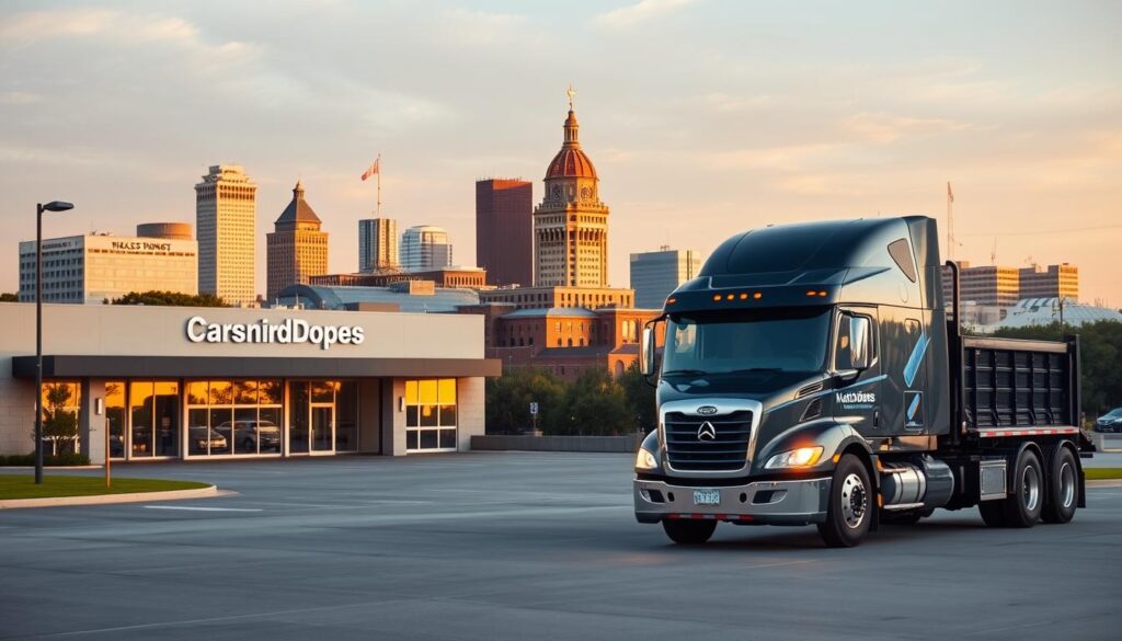 A well-lit, high-quality photograph of a car shipping truck against the backdrop of the Nacogdoches skyline. The truck is prominently featured in the foreground, showcasing its sturdy construction and professional branding. The middle ground features a clean, modern facility with signage indicating it is a car shipping operation. In the background, the iconic buildings and landmarks of Nacogdoches, Texas are visible, bathed in warm, golden hour lighting. The overall scene conveys a sense of reliability, trust, and attention to detail - qualities that reflect the reliable auto transport and car shipping services offered in Nacogdoches. A well-lit, high-quality photograph of a car shipping truck against the backdrop of the Nacogdoches skyline. The truck is prominently featured in the foreground, showcasing its sturdy construction and professional branding. The middle ground features a clean, modern facility with signage indicating it is a car shipping operation. In the background, the iconic buildings and landmarks of Nacogdoches, Texas are visible, bathed in warm, golden hour lighting. The overall scene conveys a sense of reliability, trust, and attention to detail - qualities that reflect the reliable auto transport and car shipping services offered in Nacogdoches.