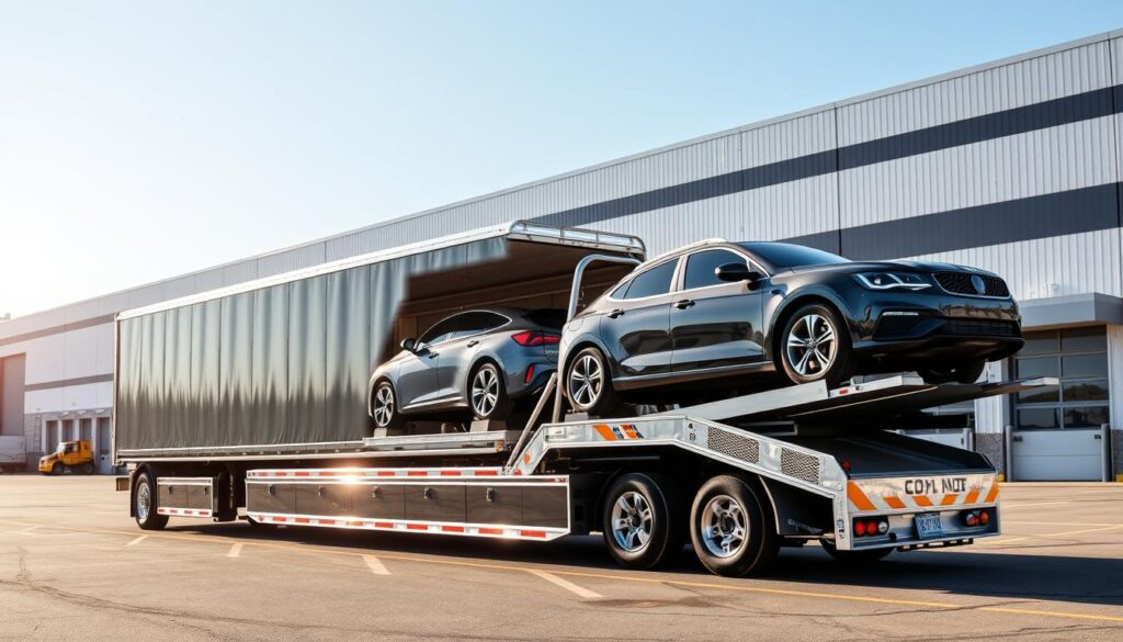 A well-lit, high-resolution image of a modern car transport truck loading or unloading vehicles in front of a large, well-maintained warehouse facility in Fredericksburg, Virginia. The truck is gleaming in the sunlight, its trailer positioned at an angle to showcase the cars securely loaded inside. The warehouse has a clean, professional appearance with the company's logo prominently displayed. The scene conveys a sense of efficiency, reliability, and attention to detail, reflecting the high-quality auto transport services offered by the company. A well-lit, high-resolution image of a modern car transport truck loading or unloading vehicles in front of a large, well-maintained warehouse facility in Fredericksburg, Virginia. The truck is gleaming in the sunlight, its trailer positioned at an angle to showcase the cars securely loaded inside. The warehouse has a clean, professional appearance with the company's logo prominently displayed. The scene conveys a sense of efficiency, reliability, and attention to detail, reflecting the high-quality auto transport services offered by the company.