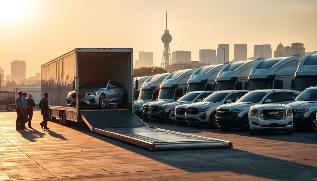 A well-lit, high-resolution image of a modern, professional auto transport service yard in San Antonio, Texas. In the foreground, a team of uniformed, experienced drivers carefully loading a luxury sedan onto a state-of-the-art, enclosed car hauler truck. The middle ground showcases a fleet of pristine, specialized transport vehicles lined up, reflecting the sunshine. In the background, the iconic San Antonio skyline with the Tower of the Americas visible. The scene conveys a sense of trust, reliability, and attention to detail that San Antonio drivers can expect from this reputable auto transport service.