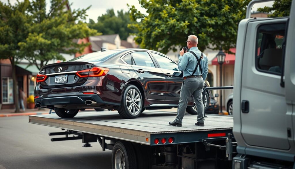 A well-lit, high-resolution image of a professional vehicle delivery service in the charming town of Highland Village, Texas. In the foreground, a gleaming sedan is being carefully loaded onto a sturdy flatbed truck by two attentive drivers dressed in crisp uniforms. The middle ground showcases the truck's modern safety features and the driver's attention to detail as they secure the vehicle. In the background, the quaint streets of Highland Village provide a picturesque setting, with local businesses and lush greenery creating a welcoming atmosphere. The overall scene conveys a sense of reliability, expertise, and commitment to the safe, timely delivery of vehicles within the local community. A well-lit, high-resolution image of a professional vehicle delivery service in the charming town of Highland Village, Texas. In the foreground, a gleaming sedan is being carefully loaded onto a sturdy flatbed truck by two attentive drivers dressed in crisp uniforms. The middle ground showcases the truck's modern safety features and the driver's attention to detail as they secure the vehicle. In the background, the quaint streets of Highland Village provide a picturesque setting, with local businesses and lush greenery creating a welcoming atmosphere. The overall scene conveys a sense of reliability, expertise, and commitment to the safe, timely delivery of vehicles within the local community.