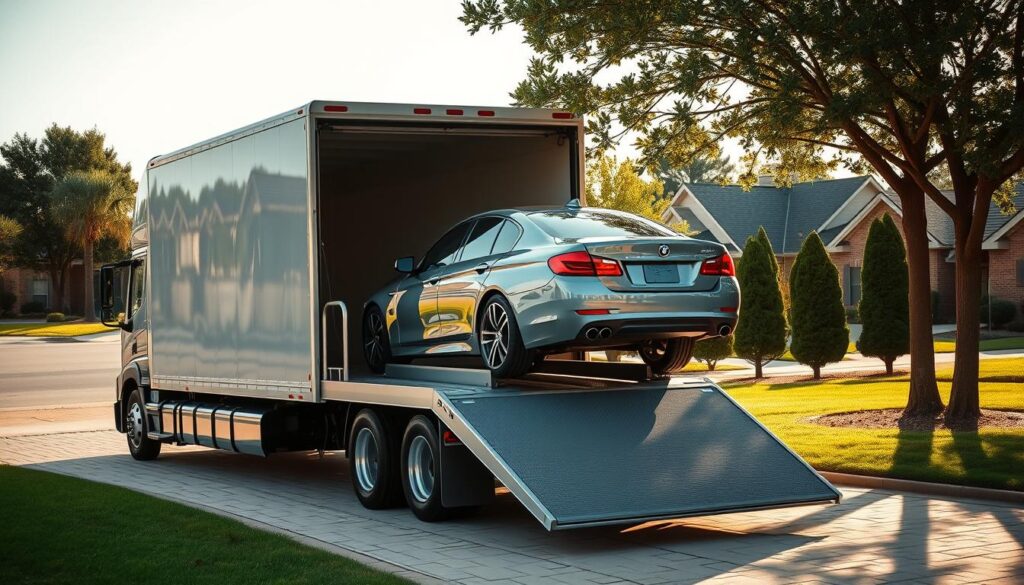 A well-lit, high-resolution photograph of a modern car transport truck parked on a paved driveway in a residential neighborhood in Cedar Hill, Texas. The truck's rear ramp is lowered, and a sleek, shiny sedan is being carefully loaded onto the upper deck. In the background, a row of neatly trimmed trees and well-kept houses create a serene, suburban atmosphere. The lighting is natural, creating warm, soft shadows and highlights that accentuate the details of the vehicle and the surrounding environment. The composition is balanced, with the truck and car taking up the majority of the frame, creating a sense of scale and expertise in the auto transport process. A well-lit, high-resolution photograph of a modern car transport truck parked on a paved driveway in a residential neighborhood in Cedar Hill, Texas. The truck's rear ramp is lowered, and a sleek, shiny sedan is being carefully loaded onto the upper deck. In the background, a row of neatly trimmed trees and well-kept houses create a serene, suburban atmosphere. The lighting is natural, creating warm, soft shadows and highlights that accentuate the details of the vehicle and the surrounding environment. The composition is balanced, with the truck and car taking up the majority of the frame, creating a sense of scale and expertise in the auto transport process.