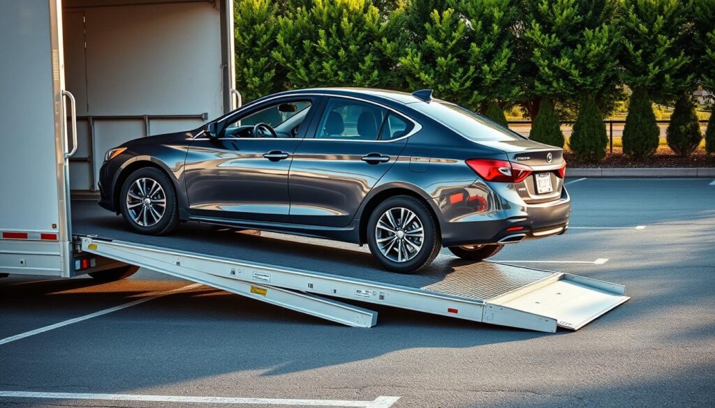 A well-lit, high-resolution photograph of a modern, mid-sized sedan being carefully loaded onto a specialized car transport trailer in a paved, well-maintained parking lot. The car's exterior is clean and shiny, reflecting the warm afternoon sunlight. The trailer's ramp is gently inclined, and the vehicle is being secured with sturdy tie-down straps. In the background, a row of lush, green trees lines the edge of the lot, creating a pleasant, natural backdrop. The scene conveys a sense of professionalism, reliability, and attention to detail in the car shipping process. A well-lit, high-resolution photograph of a modern, mid-sized sedan being carefully loaded onto a specialized car transport trailer in a paved, well-maintained parking lot. The car's exterior is clean and shiny, reflecting the warm afternoon sunlight. The trailer's ramp is gently inclined, and the vehicle is being secured with sturdy tie-down straps. In the background, a row of lush, green trees lines the edge of the lot, creating a pleasant, natural backdrop. The scene conveys a sense of professionalism, reliability, and attention to detail in the car shipping process.