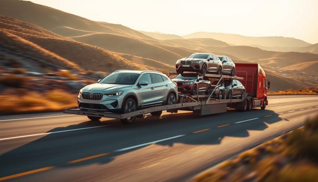 A well-lit, high-resolution photograph of an auto transport truck on a highway, with rolling hills or a cityscape in the background. The truck is carrying several luxury sedans and SUVs, showcasing the variety of vehicles it can transport. The scene has a sense of motion and efficiency, conveying the reliable and professional nature of the auto transport service. The lighting is natural, with a warm golden hue, creating a pleasant and inviting atmosphere. The camera angle is slightly elevated, providing a dynamic and captivating perspective.