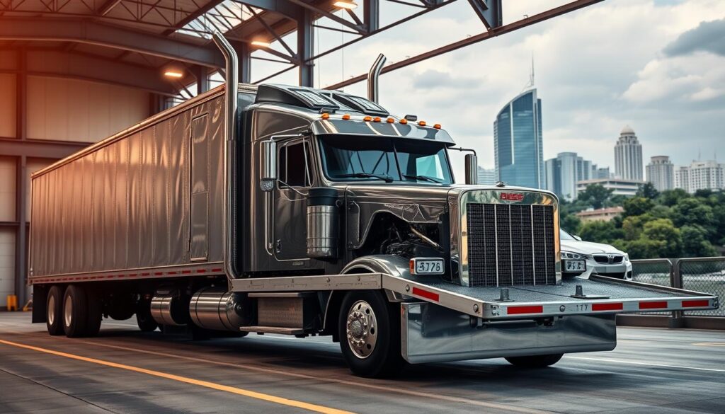 A well-lit industrial warehouse scene, with a large auto transport truck prominently displayed in the foreground. The truck's metallic exterior gleams under the warm lighting, its sturdy chassis and powerful engine conveying a sense of reliability and capability. In the middle ground, several smaller vehicles are neatly arranged, ready for transport. The background features a cityscape of Huntsville, Alabama, with its modern skyline and lush greenery creating a balanced, professional atmosphere. The overall composition emphasizes the expertise and trustworthiness of the Huntsville auto transport service, perfectly suited to illustrate the "Trusted Auto Transport Services in Huntsville, AL" section. A well-lit industrial warehouse scene, with a large auto transport truck prominently displayed in the foreground. The truck's metallic exterior gleams under the warm lighting, its sturdy chassis and powerful engine conveying a sense of reliability and capability. In the middle ground, several smaller vehicles are neatly arranged, ready for transport. The background features a cityscape of Huntsville, Alabama, with its modern skyline and lush greenery creating a balanced, professional atmosphere. The overall composition emphasizes the expertise and trustworthiness of the Huntsville auto transport service, perfectly suited to illustrate the "Trusted Auto Transport Services in Huntsville, AL" section.