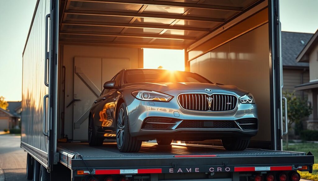A well-lit, mid-shot view of a modern auto transport truck securely delivering a gleaming sedan to a residential neighborhood in San Angelo, Texas. The truck's sturdy frame and hydraulic lift system are visible, conveying a sense of reliability and care in the vehicle handling process. The sedan's exterior glistens under the warm, golden sunlight, while the surrounding homes and landscaping suggest a peaceful, suburban setting. The overall composition evokes a feeling of trust, efficiency, and attention to detail in the vehicle delivery service. A well-lit, mid-shot view of a modern auto transport truck securely delivering a gleaming sedan to a residential neighborhood in San Angelo, Texas. The truck's sturdy frame and hydraulic lift system are visible, conveying a sense of reliability and care in the vehicle handling process. The sedan's exterior glistens under the warm, golden sunlight, while the surrounding homes and landscaping suggest a peaceful, suburban setting. The overall composition evokes a feeling of trust, efficiency, and attention to detail in the vehicle delivery service.