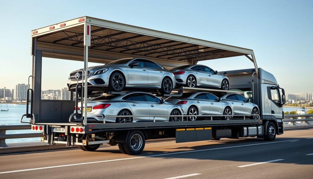 A well-lit open-air carrier truck, its sturdy frame supporting a fleet of gleaming everyday vehicles, set against a backdrop of Naples' coastal cityscape. The truck's ramp is lowered, inviting cars to smoothly ascend. Soft shadows cast by the midday sun accentuate the truck's contours and the cars' polished surfaces. The composition exudes a sense of efficiency and professionalism, reflecting the reliable auto transport services available in Naples. A well-lit open-air carrier truck, its sturdy frame supporting a fleet of gleaming everyday vehicles, set against a backdrop of Naples' coastal cityscape. The truck's ramp is lowered, inviting cars to smoothly ascend. Soft shadows cast by the midday sun accentuate the truck's contours and the cars' polished surfaces. The composition exudes a sense of efficiency and professionalism, reflecting the reliable auto transport services available in Naples.