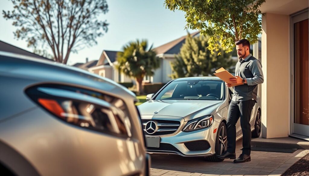 A well-lit outdoor scene of a Mercedes-Benz vehicle parked at the front door of a residential home, with a delivery person approaching the door to drop off a package. The foreground shows the delivery person in a professional uniform, carrying a clipboard and package. The middle ground features the Mercedes sedan in a sleek silver color, with the front end and driver's door visible. The background depicts a suburban neighborhood with neatly trimmed lawns, trees, and a clear blue sky. The lighting is warm and natural, creating a welcoming and reliable atmosphere for the trusted auto transport service. A well-lit outdoor scene of a Mercedes-Benz vehicle parked at the front door of a residential home, with a delivery person approaching the door to drop off a package. The foreground shows the delivery person in a professional uniform, carrying a clipboard and package. The middle ground features the Mercedes sedan in a sleek silver color, with the front end and driver's door visible. The background depicts a suburban neighborhood with neatly trimmed lawns, trees, and a clear blue sky. The lighting is warm and natural, creating a welcoming and reliable atmosphere for the trusted auto transport service.