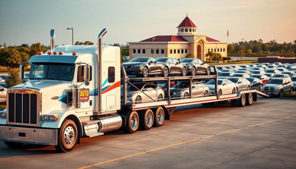 A well-lit, photorealistic scene of a trusted auto transport service in Port Arthur. In the foreground, a sturdy, late-model car carrier truck with a sleek, modern design stands ready, its trailer loaded with carefully secured vehicles. The truck's chrome accents and bold company livery convey a sense of professionalism and reliability. In the middle ground, the truck is framed by a neatly organized car storage lot, with rows of meticulously maintained vehicles awaiting transport. The background features the distinctive architecture and landscaping of Port Arthur, creating a sense of place. The overall scene emanates an atmosphere of safety, efficiency, and the commitment to providing top-quality auto transport services. A well-lit, photorealistic scene of a trusted auto transport service in Port Arthur. In the foreground, a sturdy, late-model car carrier truck with a sleek, modern design stands ready, its trailer loaded with carefully secured vehicles. The truck's chrome accents and bold company livery convey a sense of professionalism and reliability. In the middle ground, the truck is framed by a neatly organized car storage lot, with rows of meticulously maintained vehicles awaiting transport. The background features the distinctive architecture and landscaping of Port Arthur, creating a sense of place. The overall scene emanates an atmosphere of safety, efficiency, and the commitment to providing top-quality auto transport services.