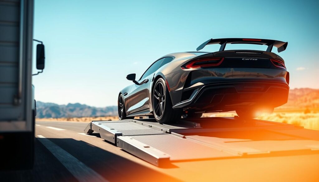 A well-lit professional car carrier truck transports a sleek sports car on the open road, with mountains in the distance and a clear blue sky above. The car is centered in the frame, with the truck's ramps and trailer visible in the foreground. The scene conveys a sense of efficiency, reliability, and the secure transportation of valuable vehicles. The lighting is natural, with warm tones highlighting the car's glossy finish. The overall atmosphere is one of professionalism and attention to detail, showcasing the expertise of the Sanford auto transport company. A well-lit professional car carrier truck transports a sleek sports car on the open road, with mountains in the distance and a clear blue sky above. The car is centered in the frame, with the truck's ramps and trailer visible in the foreground. The scene conveys a sense of efficiency, reliability, and the secure transportation of valuable vehicles. The lighting is natural, with warm tones highlighting the car's glossy finish. The overall atmosphere is one of professionalism and attention to detail, showcasing the expertise of the Sanford auto transport company.