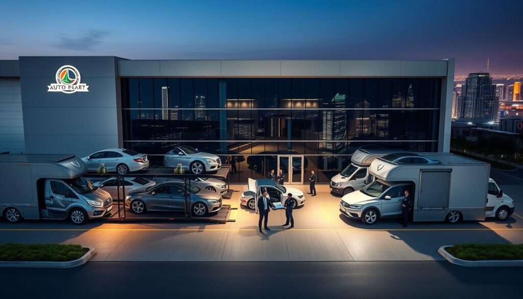 A well-lit, professional photograph of a modern, reputable auto transport company's headquarters. The building has a sleek, contemporary design with large windows, clean lines, and a prominent company logo. The foreground features several car carriers neatly parked, with their cargo of pristine vehicles. The middle ground shows a team of uniformed drivers and staff efficiently loading and unloading cars. The background depicts a bustling city skyline, signifying the company's reliable, nationwide service. The lighting is soft and even, creating a sense of trustworthiness and expertise. The overall composition conveys the company's commitment to safe, efficient, and customer-focused auto transport. A well-lit, professional photograph of a modern, reputable auto transport company's headquarters. The building has a sleek, contemporary design with large windows, clean lines, and a prominent company logo. The foreground features several car carriers neatly parked, with their cargo of pristine vehicles. The middle ground shows a team of uniformed drivers and staff efficiently loading and unloading cars. The background depicts a bustling city skyline, signifying the company's reliable, nationwide service. The lighting is soft and even, creating a sense of trustworthiness and expertise. The overall composition conveys the company's commitment to safe, efficient, and customer-focused auto transport.