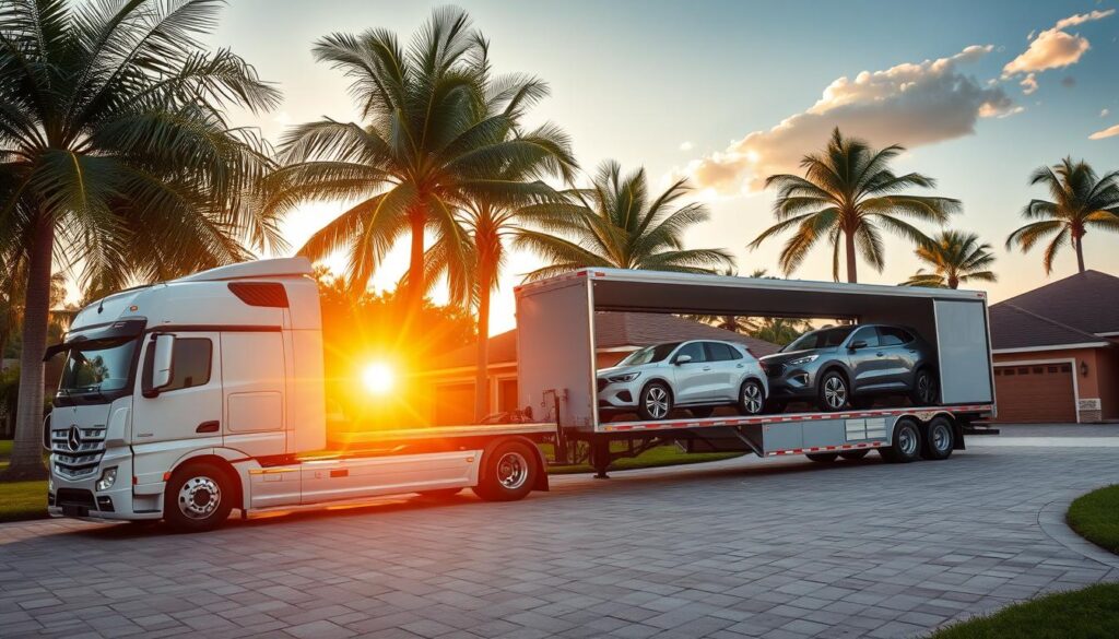A well-lit scene depicting a large, modern car transport truck parked on a paved driveway in front of a residential neighborhood in Palm Bay, Florida. The truck's trailer is open, revealing several new vehicles neatly arranged inside. The foreground features the truck's logo and branding, while the middle ground showcases the car-laden trailer. The background depicts palm trees swaying gently in a warm, sunny afternoon sky, creating a tranquil, tropical atmosphere. The overall composition conveys a sense of efficiency, reliability, and attention to detail in the car shipping service. A well-lit scene depicting a large, modern car transport truck parked on a paved driveway in front of a residential neighborhood in Palm Bay, Florida. The truck's trailer is open, revealing several new vehicles neatly arranged inside. The foreground features the truck's logo and branding, while the middle ground showcases the car-laden trailer. The background depicts palm trees swaying gently in a warm, sunny afternoon sky, creating a tranquil, tropical atmosphere. The overall composition conveys a sense of efficiency, reliability, and attention to detail in the car shipping service.