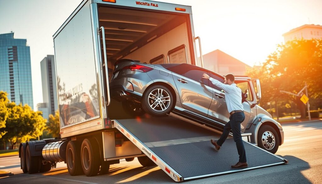 A well-lit scene of a Wichita Falls auto transport truck delicately loading a customer's vehicle onto its open-air platform. The truck's bright chrome accents and bold company branding stand out against a backdrop of the city's modern skyscrapers and tree-lined streets. The driver, clad in a crisp uniform, carefully guides the car onto the ramp with a steady hand, showcasing the precision and care taken in every delivery. Warm afternoon sunlight casts long shadows, creating an atmosphere of professionalism and reliability that embodies the reliable auto transport services offered in Wichita Falls. A well-lit scene of a Wichita Falls auto transport truck delicately loading a customer's vehicle onto its open-air platform. The truck's bright chrome accents and bold company branding stand out against a backdrop of the city's modern skyscrapers and tree-lined streets. The driver, clad in a crisp uniform, carefully guides the car onto the ramp with a steady hand, showcasing the precision and care taken in every delivery. Warm afternoon sunlight casts long shadows, creating an atmosphere of professionalism and reliability that embodies the reliable auto transport services offered in Wichita Falls.