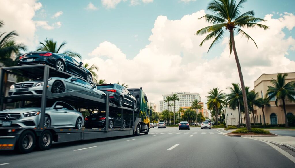 A well-lit scene of a car carrier transporting multiple vehicles on the busy streets of Coral Gables. In the foreground, a car carrier truck with a sleek, modern design hauls a diverse selection of cars, including luxury sedans and SUVs. The middle ground showcases the vibrant, palm-lined streets of Coral Gables, with lush greenery and pastel-colored buildings lining the roads. In the background, a clear blue sky with fluffy clouds adds to the warm, tropical atmosphere. The lighting is soft and diffused, creating a harmonious and inviting scene that captures the essence of trusted auto transport and car shipping services in the area. A well-lit scene of a car carrier transporting multiple vehicles on the busy streets of Coral Gables. In the foreground, a car carrier truck with a sleek, modern design hauls a diverse selection of cars, including luxury sedans and SUVs. The middle ground showcases the vibrant, palm-lined streets of Coral Gables, with lush greenery and pastel-colored buildings lining the roads. In the background, a clear blue sky with fluffy clouds adds to the warm, tropical atmosphere. The lighting is soft and diffused, creating a harmonious and inviting scene that captures the essence of trusted auto transport and car shipping services in the area.