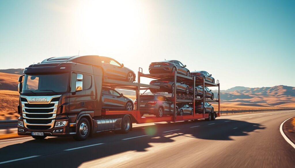 A well-lit scene of a modern car carrier truck transporting a fleet of shiny new vehicles on a smooth, winding highway. The truck's cab is prominently featured in the foreground, with its imposing grille and chrome detailing. The middle ground showcases the carefully stacked cars on the carrier's multiple levels, each reflecting the sunlight with a glossy finish. The background features a scenic landscape of rolling hills and clear blue skies, creating a sense of open, unobstructed transport. The lighting is a warm, golden hue, conveying a sense of efficiency and professionalism in the car shipping process. A well-lit scene of a modern car carrier truck transporting a fleet of shiny new vehicles on a smooth, winding highway. The truck's cab is prominently featured in the foreground, with its imposing grille and chrome detailing. The middle ground showcases the carefully stacked cars on the carrier's multiple levels, each reflecting the sunlight with a glossy finish. The background features a scenic landscape of rolling hills and clear blue skies, creating a sense of open, unobstructed transport. The lighting is a warm, golden hue, conveying a sense of efficiency and professionalism in the car shipping process.