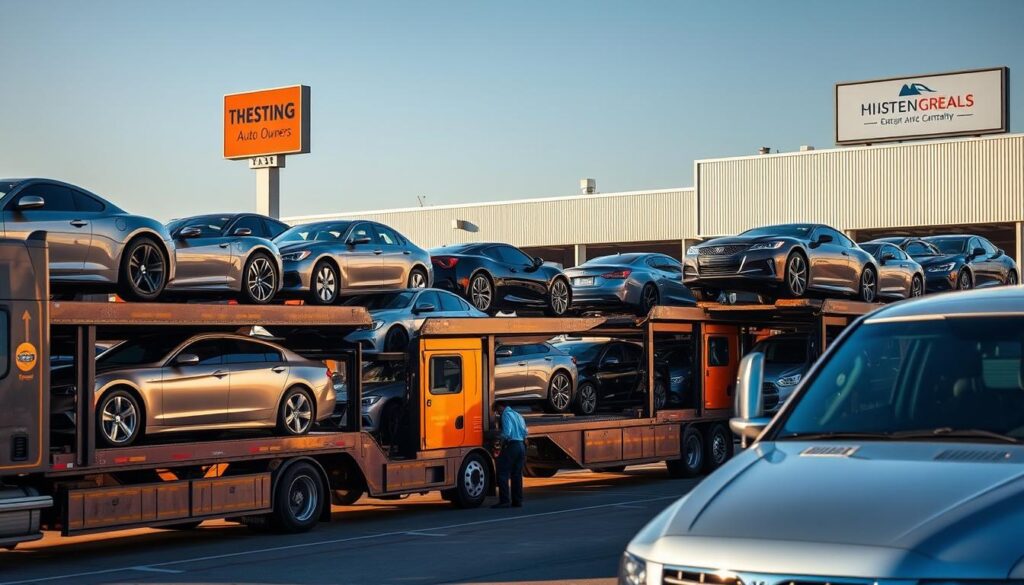 A well-lit scene of a professional car shipping service operation in Conroe, TX. In the foreground, a fleet of high-quality car transport trucks loaded with a diverse array of makes and models, their metallic exteriors gleaming under the warm sunlight. In the middle ground, uniformed employees diligently securing the vehicles, ensuring safe and secure transport. The background features the company's modern, well-maintained facilities, with signage prominently displaying their trusted brand and commitment to Conroe's auto owners. The overall atmosphere conveys a sense of efficiency, reliability, and attention to detail that defines the best car shipping services in the region. A well-lit scene of a professional car shipping service operation in Conroe, TX. In the foreground, a fleet of high-quality car transport trucks loaded with a diverse array of makes and models, their metallic exteriors gleaming under the warm sunlight. In the middle ground, uniformed employees diligently securing the vehicles, ensuring safe and secure transport. The background features the company's modern, well-maintained facilities, with signage prominently displaying their trusted brand and commitment to Conroe's auto owners. The overall atmosphere conveys a sense of efficiency, reliability, and attention to detail that defines the best car shipping services in the region.