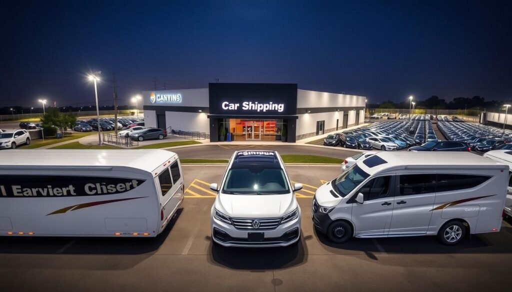 A well-lit, wide-angle exterior view of a modern car shipping company facility in Corinth, MS. The foreground features a fleet of enclosed car carriers with sleek, aerodynamic designs, showcasing the company's professionalism and attention to detail. In the middle ground, the main building has a clean, contemporary architecture with prominent signage. The background depicts a neatly organized storage yard, filled with rows of vehicles awaiting transport. The scene conveys a sense of efficiency, reliability, and a commitment to providing exceptional auto transport services to the local community. A well-lit, wide-angle exterior view of a modern car shipping company facility in Corinth, MS. The foreground features a fleet of enclosed car carriers with sleek, aerodynamic designs, showcasing the company's professionalism and attention to detail. In the middle ground, the main building has a clean, contemporary architecture with prominent signage. The background depicts a neatly organized storage yard, filled with rows of vehicles awaiting transport. The scene conveys a sense of efficiency, reliability, and a commitment to providing exceptional auto transport services to the local community.