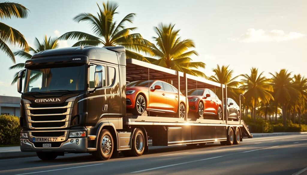 A well-lit, wide-angle photograph of a modern car carrier truck transporting several shiny, gleaming automobiles on the sunny streets of Miami Gardens. The truck is positioned in the foreground, with its imposing size and chrome details capturing the viewer's attention. In the middle ground, the cars being transported are visible, showcasing their vibrant colors and pristine condition. The background features the lush, tropical foliage and palm trees characteristic of Miami, creating a sense of place and setting the scene. The overall composition conveys the efficiency, reliability, and professionalism of the auto transport and car shipping services available in Miami Gardens.
