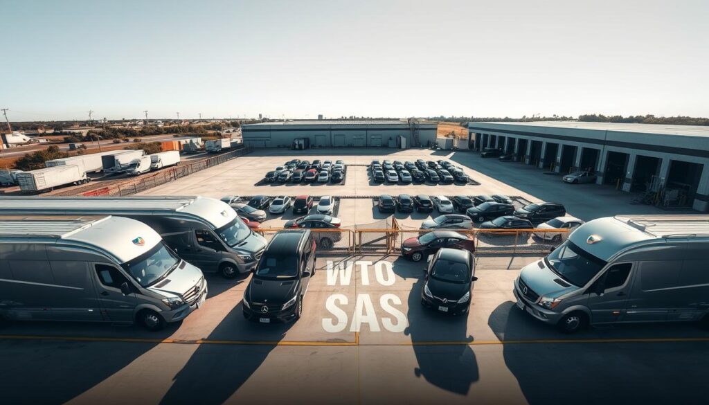 A well-lit, wide-angle photograph of a modern, professional car shipping yard in Aransas Pass, Texas. In the foreground, several gleaming, well-maintained car carriers stand ready to transport vehicles. The middle ground features a neatly organized parking area with rows of cars awaiting shipment, surrounded by a well-fenced, secure perimeter. In the background, the facility's administrative building and loading docks are visible, conveying a sense of efficient, reliable service. The lighting is bright and natural, casting long shadows that add depth and dimension to the scene. The overall atmosphere exudes a sense of trust, expertise, and attention to detail that would appeal to customers seeking top-quality auto transport in the local Aransas Pass area. A well-lit, wide-angle photograph of a modern, professional car shipping yard in Aransas Pass, Texas. In the foreground, several gleaming, well-maintained car carriers stand ready to transport vehicles. The middle ground features a neatly organized parking area with rows of cars awaiting shipment, surrounded by a well-fenced, secure perimeter. In the background, the facility's administrative building and loading docks are visible, conveying a sense of efficient, reliable service. The lighting is bright and natural, casting long shadows that add depth and dimension to the scene. The overall atmosphere exudes a sense of trust, expertise, and attention to detail that would appeal to customers seeking top-quality auto transport in the local Aransas Pass area.