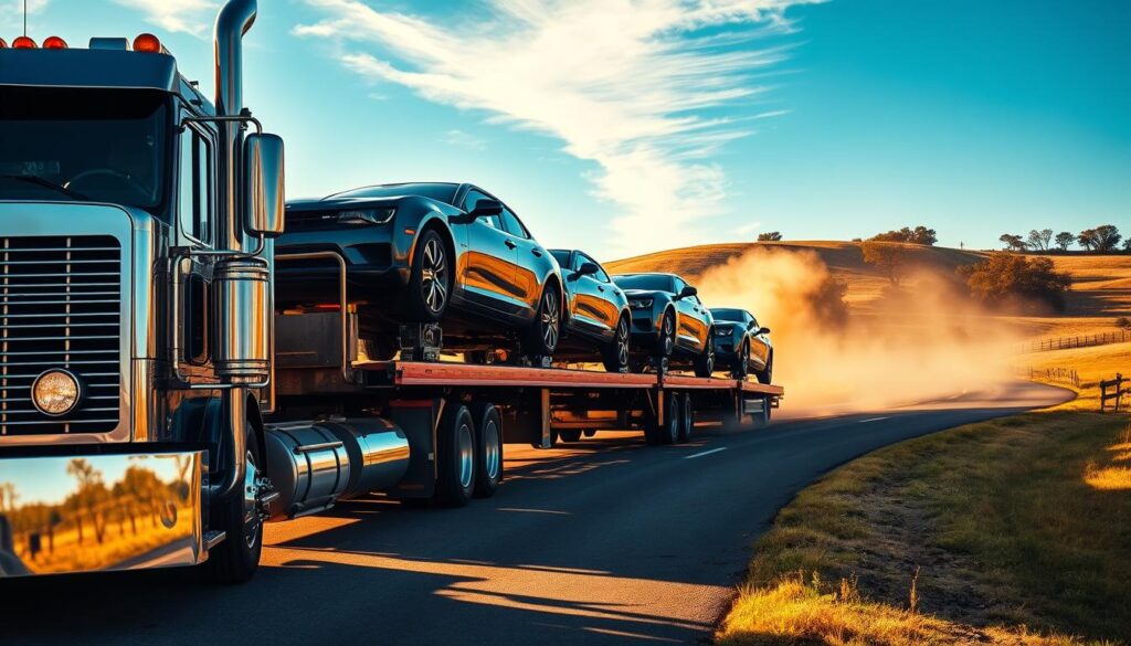 A well-lit, wide-angle shot of a large car transport truck hauling several gleaming, luxury vehicles along a winding country road in Bonham, Texas. The truck's chrome grille and side-mounted lights shine in the warm, golden afternoon sunlight, casting long shadows across the asphalt. In the middle ground, the neatly stacked cars on the transport's multi-level ramps reflect the lush, rolling hills and blue sky in their polished exteriors. Billowing clouds of dust kick up behind the rig's tires, adding a sense of motion and momentum to the scene. The background features a picturesque, rural landscape dotted with oak trees and wooden fences, conveying the rustic charm of the Bonham region.