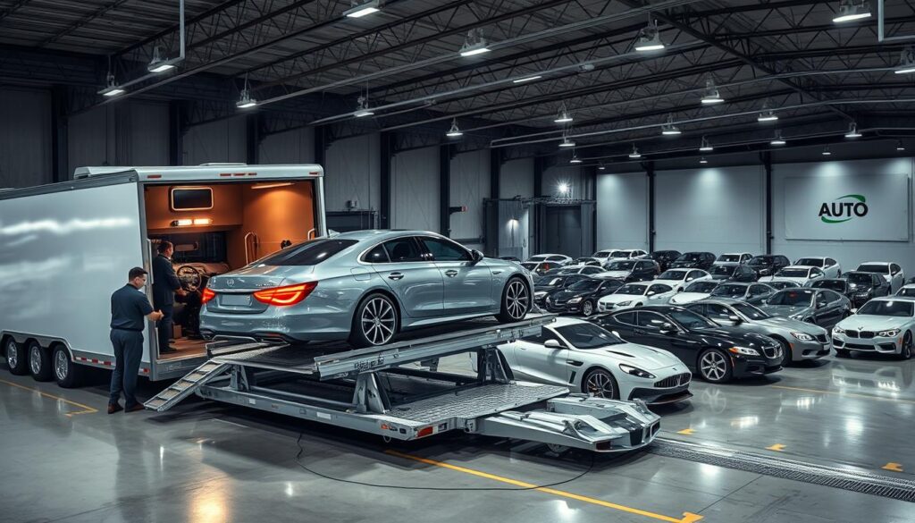 A well-lit, wide-angle view of a bustling car shipping facility. In the foreground, a team of skilled technicians carefully loading a luxury sedan onto a specialized transport trailer. The middle ground showcases a fleet of diverse vehicles awaiting their turn, each meticulously prepared for a seamless journey. In the background, a modern warehouse with a prominent logo signifies the professionalism and attention to detail of the auto transport service. The scene conveys a sense of efficiency, reliability, and the company's commitment to delivering exceptional customer experiences. A well-lit, wide-angle view of a bustling car shipping facility. In the foreground, a team of skilled technicians carefully loading a luxury sedan onto a specialized transport trailer. The middle ground showcases a fleet of diverse vehicles awaiting their turn, each meticulously prepared for a seamless journey. In the background, a modern warehouse with a prominent logo signifies the professionalism and attention to detail of the auto transport service. The scene conveys a sense of efficiency, reliability, and the company's commitment to delivering exceptional customer experiences.