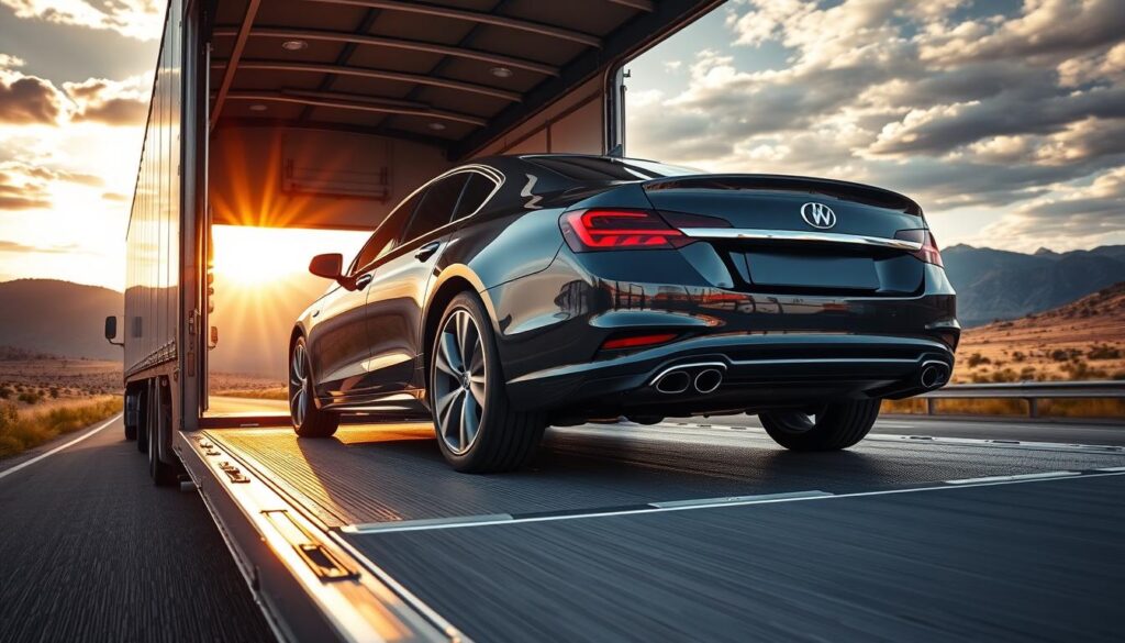 A well-lit, wide-angle view of a car being loaded onto a specialized car transport truck, showcasing the efficient and secure process of shipping a vehicle across the country. The car is positioned prominently in the foreground, its glossy exterior reflecting the sunlight. The transport truck fills the middle ground, its sturdy frame and professional equipment conveying the reliable nature of the service. In the background, a scenic highway or road landscape sets the stage, emphasizing the journey and convenience of transporting a car over long distances. The overall composition exudes a sense of confidence, safety, and the benefits of entrusting your vehicle to a professional car shipping service. A well-lit, wide-angle view of a car being loaded onto a specialized car transport truck, showcasing the efficient and secure process of shipping a vehicle across the country. The car is positioned prominently in the foreground, its glossy exterior reflecting the sunlight. The transport truck fills the middle ground, its sturdy frame and professional equipment conveying the reliable nature of the service. In the background, a scenic highway or road landscape sets the stage, emphasizing the journey and convenience of transporting a car over long distances. The overall composition exudes a sense of confidence, safety, and the benefits of entrusting your vehicle to a professional car shipping service.