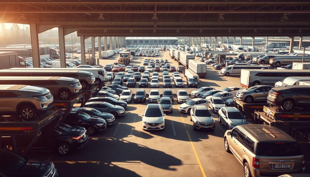 A well-lit, wide-angle view of a modern, interconnected auto transport network. In the foreground, several fully-loaded car carriers stand ready, their hydraulic lifts raised, conveying a sense of efficient, coordinated logistics. In the middle ground, a fleet of diverse vehicles - sedans, SUVs, and trucks - await their turn for transport, their owners' trust evident. The background depicts a bustling transportation hub, with other carriers arriving and departing, criss-crossing paths to form a dynamic, vetted system. Warm, directional lighting casts long shadows, highlighting the scale and professionalism of this certified, reliable auto transport operation. A well-lit, wide-angle view of a modern, interconnected auto transport network. In the foreground, several fully-loaded car carriers stand ready, their hydraulic lifts raised, conveying a sense of efficient, coordinated logistics. In the middle ground, a fleet of diverse vehicles - sedans, SUVs, and trucks - await their turn for transport, their owners' trust evident. The background depicts a bustling transportation hub, with other carriers arriving and departing, criss-crossing paths to form a dynamic, vetted system. Warm, directional lighting casts long shadows, highlighting the scale and professionalism of this certified, reliable auto transport operation.