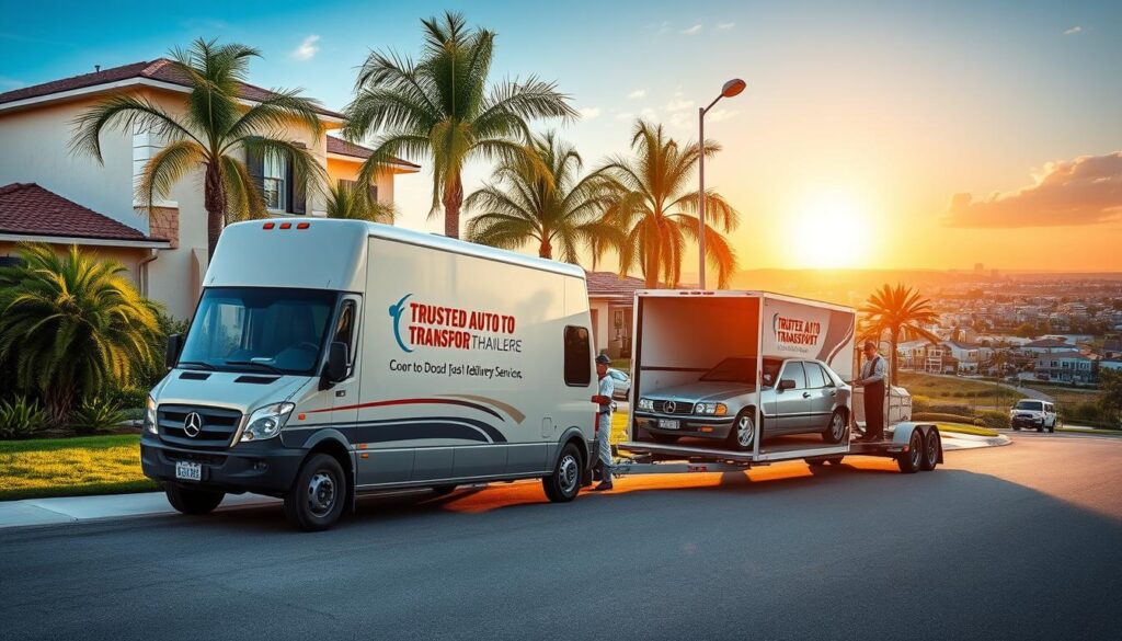 A well-lit, wide-angle view of a residential neighborhood in Hidalgo, TX. In the foreground, a sturdy cargo van emblazoned with a trusted auto transport company's logo gracefully pulls up to a modern, two-story home. The driver, dressed in a crisp uniform, carefully retrieves a classic car from the van's enclosed trailer, showcasing the door-to-door delivery service. The middle ground features lush, verdant landscaping and a picturesque palm tree-lined street. In the background, the vibrant, sun-drenched cityscape of Hidalgo is visible, conveying a sense of reliability, efficiency, and the company's commitment to serving the local community.