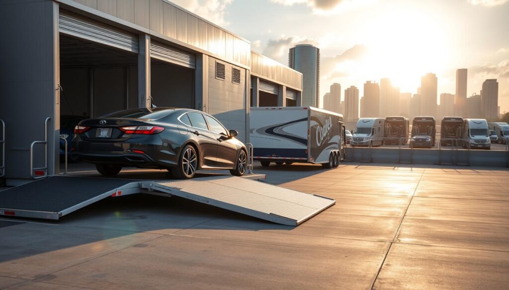 A well-maintained and modern auto transport service facility in Margate, with a fleet of specialized car haulers and a team of experienced drivers. The foreground depicts a clean and organized loading dock, where a gleaming sedan is being carefully loaded onto a secure transport trailer. The middle ground showcases the company's logo and branding prominently displayed on the side of the trailer, conveying a sense of professionalism and trustworthiness. In the background, a cityscape of Margate's skyline provides a scenic backdrop, with the sun casting a warm, golden glow over the entire scene. The overall atmosphere radiates efficiency, reliability, and a commitment to providing a trusted auto transport service to the community.