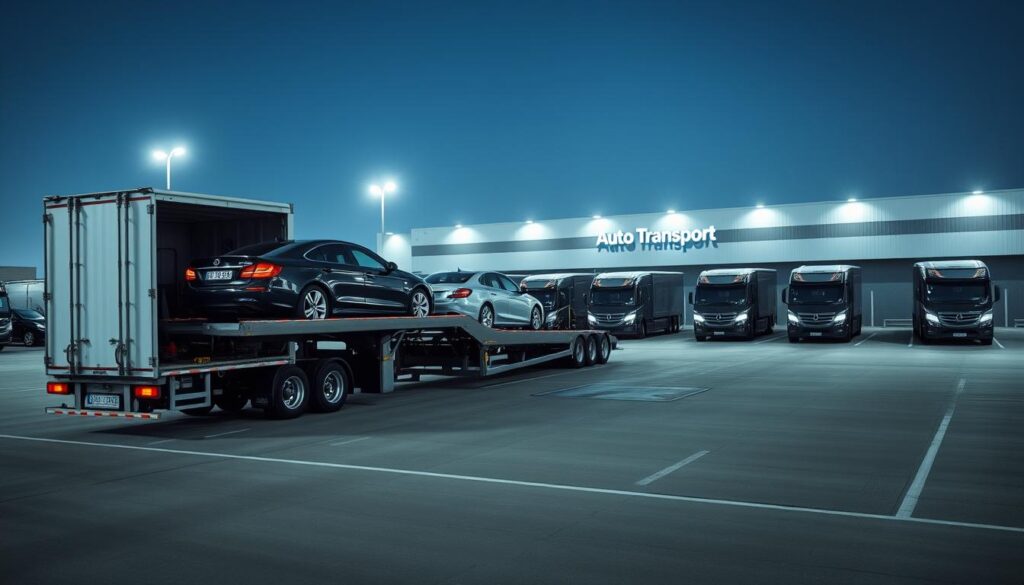 A well-maintained fleet of car carriers parked in a spacious, well-lit auto transport company lot. In the foreground, a large semi-truck is loaded with several gleaming automobiles, its rear ramp extended. In the middle ground, other transport vehicles are strategically positioned, awaiting their next cargo. The background features a modern, clean facility with signage clearly identifying the company's name and services. The scene conveys a sense of efficiency, professionalism, and a commitment to safely transporting vehicles. Soft, diffused lighting creates a pleasant, welcoming atmosphere, while the overall composition emphasizes the company's reliability and attention to detail. A well-maintained fleet of car carriers parked in a spacious, well-lit auto transport company lot. In the foreground, a large semi-truck is loaded with several gleaming automobiles, its rear ramp extended. In the middle ground, other transport vehicles are strategically positioned, awaiting their next cargo. The background features a modern, clean facility with signage clearly identifying the company's name and services. The scene conveys a sense of efficiency, professionalism, and a commitment to safely transporting vehicles. Soft, diffused lighting creates a pleasant, welcoming atmosphere, while the overall composition emphasizes the company's reliability and attention to detail.