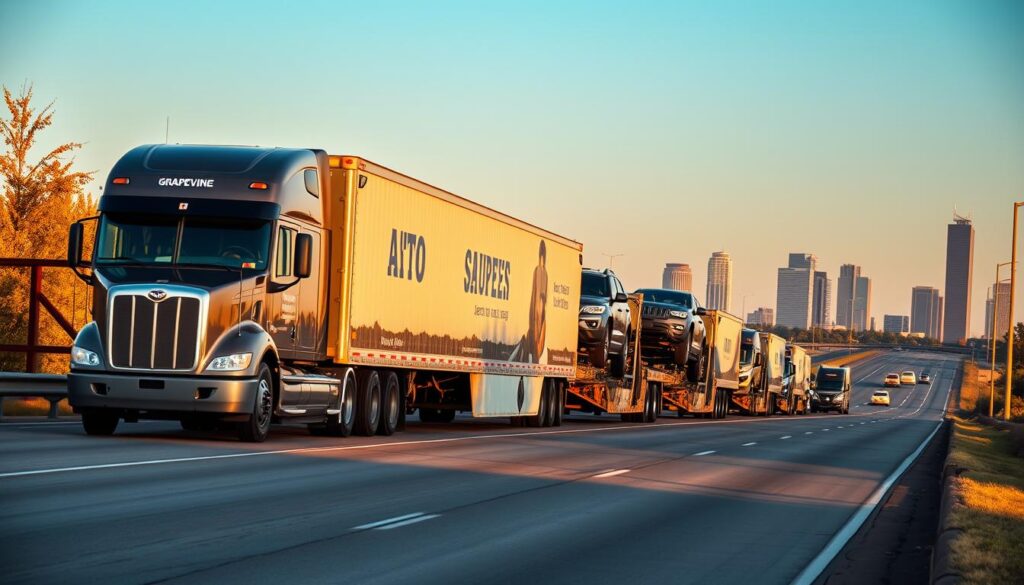 A well-maintained fleet of modern, specialized car carrier trucks transporting vehicles on a smooth highway, with the Grapevine skyline visible in the background. The trucks feature the logo and branding of a reputable auto transport company, conveying a sense of professionalism and reliability. The scene is bathed in warm, golden light, creating a calming and trustworthy atmosphere. The camera angle is positioned slightly elevated, providing a broad, cinematic view of the transportation operation. The overall impression is one of a trusted, efficient, and secure auto transport service serving the Grapevine area.