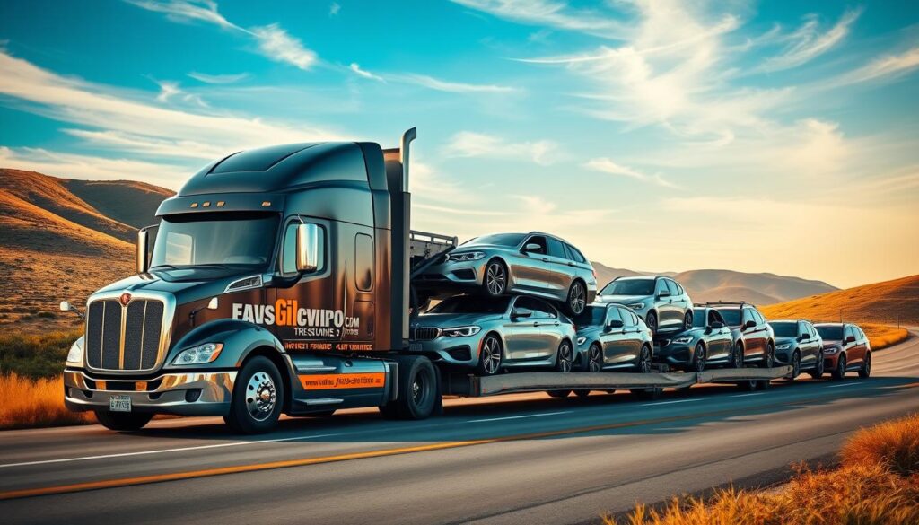 A well-maintained, insured semi-truck transporting a fleet of shiny, late-model vehicles on a smooth, winding road against a backdrop of rolling hills and a vibrant blue sky. The truck's cabin is sleek and modern, with the company's logo prominently displayed. The vehicles being transported are diverse, ranging from sedans to SUVs, all in pristine condition. Warm, natural lighting illuminates the scene, creating a sense of safety and reliability. The composition emphasizes the care and attention to detail that goes into the professional vehicle transport service, perfectly reflecting the section title's focus on "trusted, insured vehicle transport services in Stephenville built for safe, on‑time delivery". A well-maintained, insured semi-truck transporting a fleet of shiny, late-model vehicles on a smooth, winding road against a backdrop of rolling hills and a vibrant blue sky. The truck's cabin is sleek and modern, with the company's logo prominently displayed. The vehicles being transported are diverse, ranging from sedans to SUVs, all in pristine condition. Warm, natural lighting illuminates the scene, creating a sense of safety and reliability. The composition emphasizes the care and attention to detail that goes into the professional vehicle transport service, perfectly reflecting the section title's focus on "trusted, insured vehicle transport services in Stephenville built for safe, on‑time delivery".