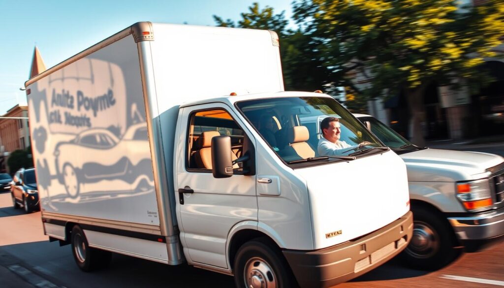 A well-maintained, late-model cargo van navigating the streets of Corsicana, its gleaming white exterior reflecting the warm afternoon sun. The driver, a seasoned local transport expert, carefully maneuvers the vehicle through the city's bustling traffic, expertly handling turns and lane changes. In the background, the charming historic buildings and lush greenery of the town create a picturesque scene, conveying a sense of trustworthiness and reliability. The image is captured with a wide-angle lens, showcasing the van's impressive size and the driver's skilled control, evoking a feeling of secure and dependable vehicle transport services. A well-maintained, late-model cargo van navigating the streets of Corsicana, its gleaming white exterior reflecting the warm afternoon sun. The driver, a seasoned local transport expert, carefully maneuvers the vehicle through the city's bustling traffic, expertly handling turns and lane changes. In the background, the charming historic buildings and lush greenery of the town create a picturesque scene, conveying a sense of trustworthiness and reliability. The image is captured with a wide-angle lens, showcasing the van's impressive size and the driver's skilled control, evoking a feeling of secure and dependable vehicle transport services.