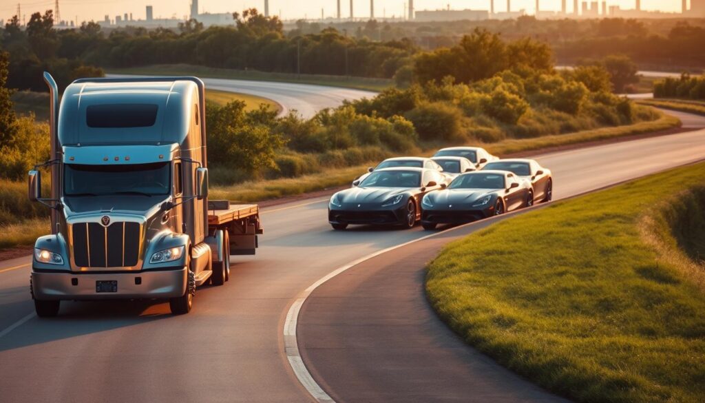 A well-maintained, late-model semi-truck transporting a cargo of sleek, high-end vehicles down a winding Channelview highway. The truck's front-end is illuminated by warm, golden sunlight, casting dramatic shadows across the tarmac. In the middle ground, the line of luxury cars is meticulously arranged, their gleaming exteriors reflecting the sky above. The background is filled with lush greenery and the distant silhouettes of Channelview's industrial landscape. The overall scene conveys a sense of efficiency, attention to detail, and the reliable transportation of valuable cargo through the local community. A well-maintained, late-model semi-truck transporting a cargo of sleek, high-end vehicles down a winding Channelview highway. The truck's front-end is illuminated by warm, golden sunlight, casting dramatic shadows across the tarmac. In the middle ground, the line of luxury cars is meticulously arranged, their gleaming exteriors reflecting the sky above. The background is filled with lush greenery and the distant silhouettes of Channelview's industrial landscape. The overall scene conveys a sense of efficiency, attention to detail, and the reliable transportation of valuable cargo through the local community.