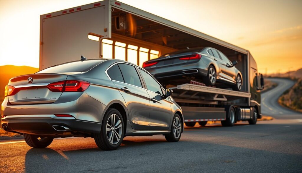 A well-maintained, mid-size sedan sits prominently in the foreground, its sleek, metallic exterior gleaming under a warm, golden sunset. In the middle ground, a modern, state-of-the-art car carrier truck is meticulously loading the vehicle, its hydraulic ramps and secure tie-down straps ensuring a safe and reliable transport. The background is filled with a scenic landscape, featuring rolling hills and a winding road, conveying a sense of a seamless, hassle-free journey. The overall scene exudes professionalism, attention to detail, and a commitment to providing exceptional auto transport services.