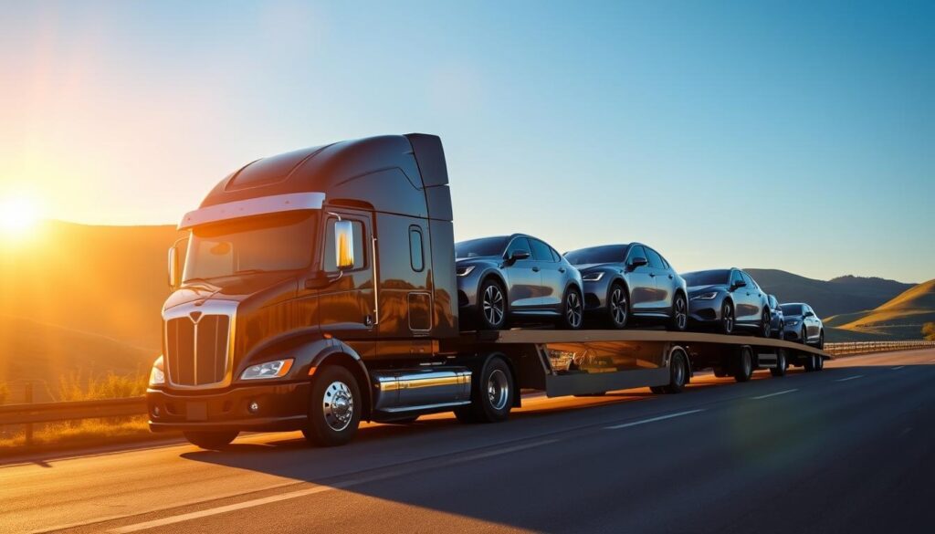 A well-maintained semi-truck hauling a fleet of gleaming automobiles on a winding highway, bathed in warm golden-hour sunlight. The truck's cab is sleek and modern, its chrome accents catching the light. In the middle ground, the cars are carefully secured, their polished exteriors reflecting the serene blue sky above. The background features rolling hills and lush greenery, conveying a sense of tranquility and reliability. The scene exudes a professional, trustworthy atmosphere, capturing the essence of a dependable auto transport service. A well-maintained semi-truck hauling a fleet of gleaming automobiles on a winding highway, bathed in warm golden-hour sunlight. The truck's cab is sleek and modern, its chrome accents catching the light. In the middle ground, the cars are carefully secured, their polished exteriors reflecting the serene blue sky above. The background features rolling hills and lush greenery, conveying a sense of tranquility and reliability. The scene exudes a professional, trustworthy atmosphere, capturing the essence of a dependable auto transport service.