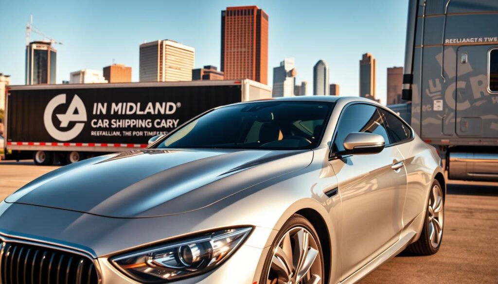A well-maintained, shiny silver car is parked in the foreground, its gleaming exterior reflecting the bright sunlight. In the middle ground, a reputable car shipping company's logo is prominently displayed on the side of a large transport truck, conveying a sense of professionalism and trust. The background features the iconic skyline of Midland, Texas, with its towering skyscrapers and modern architecture, creating a sophisticated urban setting. The lighting is natural and warm, casting soft shadows and highlighting the car's curves. The camera angle is slightly elevated, giving the viewer a sense of security and confidence in the car shipping process. A well-maintained, shiny silver car is parked in the foreground, its gleaming exterior reflecting the bright sunlight. In the middle ground, a reputable car shipping company's logo is prominently displayed on the side of a large transport truck, conveying a sense of professionalism and trust. The background features the iconic skyline of Midland, Texas, with its towering skyscrapers and modern architecture, creating a sophisticated urban setting. The lighting is natural and warm, casting soft shadows and highlighting the car's curves. The camera angle is slightly elevated, giving the viewer a sense of security and confidence in the car shipping process.