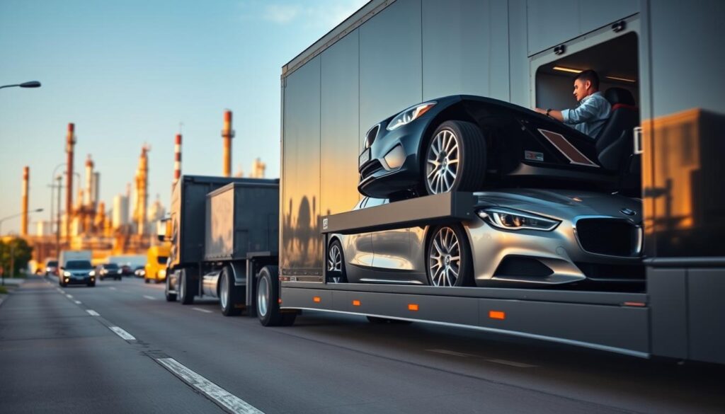 A well-maintained, state-of-the-art auto transport truck navigates the bustling streets of Baytown, TX, against a backdrop of towering oil refineries and a clear blue sky. In the foreground, a shiny, freshly washed luxury sedan sits securely on the transport's hydraulic lift, ready for its journey to a new owner. The truck's sleek, aerodynamic design and the driver's focused expression convey a sense of professionalism and reliability. Warm, golden lighting illuminates the scene, creating a welcoming and trustworthy atmosphere. This image captures the essence of trusted auto transport services in Baytown, TX, ensuring the safe and efficient delivery of vehicles to their destinations. A well-maintained, state-of-the-art auto transport truck navigates the bustling streets of Baytown, TX, against a backdrop of towering oil refineries and a clear blue sky. In the foreground, a shiny, freshly washed luxury sedan sits securely on the transport's hydraulic lift, ready for its journey to a new owner. The truck's sleek, aerodynamic design and the driver's focused expression convey a sense of professionalism and reliability. Warm, golden lighting illuminates the scene, creating a welcoming and trustworthy atmosphere. This image captures the essence of trusted auto transport services in Baytown, TX, ensuring the safe and efficient delivery of vehicles to their destinations.