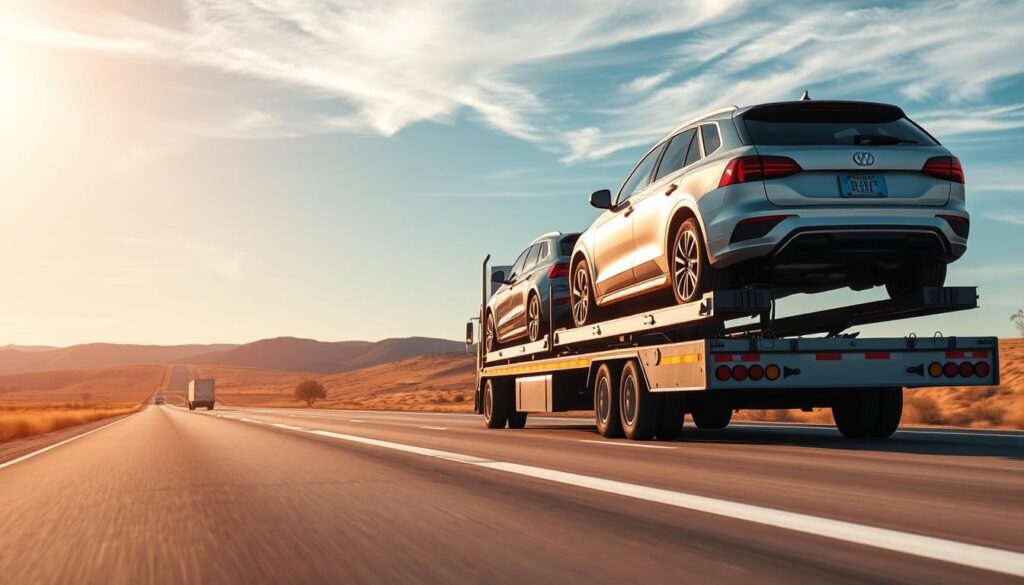 A well-maintained, trustworthy car carrier transporting vehicles on a wide, open highway. The sun casts a warm, golden glow, creating a sense of reliability and efficiency. In the foreground, the car carrier's sleek, modern design conveys professionalism and attention to detail. The middle ground features rolling hills and sparse trees, reflecting the scenic Clearwater landscape. In the background, a clear blue sky with wispy clouds completes the serene, confident atmosphere. The overall composition emphasizes the safe, dependable nature of the car shipping service, perfectly suited to meet the transportation needs of Clearwater drivers. A well-maintained, trustworthy car carrier transporting vehicles on a wide, open highway. The sun casts a warm, golden glow, creating a sense of reliability and efficiency. In the foreground, the car carrier's sleek, modern design conveys professionalism and attention to detail. The middle ground features rolling hills and sparse trees, reflecting the scenic Clearwater landscape. In the background, a clear blue sky with wispy clouds completes the serene, confident atmosphere. The overall composition emphasizes the safe, dependable nature of the car shipping service, perfectly suited to meet the transportation needs of Clearwater drivers.