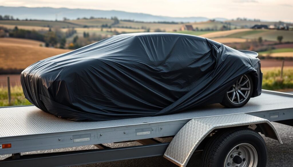 A well-secured vehicle on a flatbed trailer, meticulously wrapped in thick protective padding against the elements. The car's glossy exterior gleams under soft, even lighting, conveying a sense of care and professionalism. In the background, a serene countryside landscape with rolling hills and distant trees sets a calming, rural atmosphere. The composition emphasizes the trailer's sturdy construction and the attention to detail in the vehicle's packaging, instilling a feeling of safety and trust in the car shipping process. A well-secured vehicle on a flatbed trailer, meticulously wrapped in thick protective padding against the elements. The car's glossy exterior gleams under soft, even lighting, conveying a sense of care and professionalism. In the background, a serene countryside landscape with rolling hills and distant trees sets a calming, rural atmosphere. The composition emphasizes the trailer's sturdy construction and the attention to detail in the vehicle's packaging, instilling a feeling of safety and trust in the car shipping process.