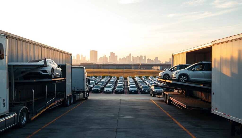 A wide-angle shot of a modern car shipping yard in Alvin, Texas. In the foreground, several large car hauler trucks are parked, their ramps extended and ready to load vehicles. The middle ground shows rows of neatly organized cars and SUVs, awaiting transport to their destinations. In the background, the yard is bordered by a tall chain-link fence, with the city skyline visible in the distance under a warm, golden-hour sky. The scene conveys a sense of efficiency, reliability, and trust in the car shipping services offered in this location. A wide-angle shot of a modern car shipping yard in Alvin, Texas. In the foreground, several large car hauler trucks are parked, their ramps extended and ready to load vehicles. The middle ground shows rows of neatly organized cars and SUVs, awaiting transport to their destinations. In the background, the yard is bordered by a tall chain-link fence, with the city skyline visible in the distance under a warm, golden-hour sky. The scene conveys a sense of efficiency, reliability, and trust in the car shipping services offered in this location.