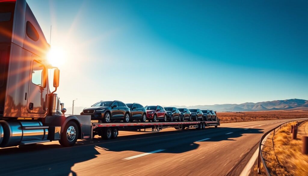 A wide, open highway stretches out before a massive car transport vehicle, its trailer filled with an array of gleaming new automobiles. The sun casts a warm, golden glow, illuminating the scene with a sense of motion and anticipation. In the foreground, the transport's cab is meticulously detailed, its chrome accents reflecting the azure sky. The middle ground features the trailer, its rows of vehicles carefully arranged, hinting at the efficiency and organization of the car transport industry. In the background, the landscape is dotted with rolling hills and distant mountains, emphasizing the vastness of the American landscape and the importance of efficient vehicle distribution across the country. A wide, open highway stretches out before a massive car transport vehicle, its trailer filled with an array of gleaming new automobiles. The sun casts a warm, golden glow, illuminating the scene with a sense of motion and anticipation. In the foreground, the transport's cab is meticulously detailed, its chrome accents reflecting the azure sky. The middle ground features the trailer, its rows of vehicles carefully arranged, hinting at the efficiency and organization of the car transport industry. In the background, the landscape is dotted with rolling hills and distant mountains, emphasizing the vastness of the American landscape and the importance of efficient vehicle distribution across the country.