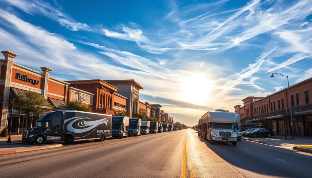 A wide street in the bustling downtown of Burleson, Texas, with well-maintained commercial buildings lining the sidewalks. In the foreground, a fleet of well-polished, modern car carriers stands ready to transport vehicles with care and efficiency. The carriers feature prominent branding and logos, conveying a sense of professionalism and reliability. Sunlight casts a warm glow across the scene, creating a welcoming atmosphere. In the background, the sky is a vibrant blue, dotted with wispy clouds. The overall composition suggests a thriving and dynamic auto transport and car shipping industry serving the Burleson community. A wide street in the bustling downtown of Burleson, Texas, with well-maintained commercial buildings lining the sidewalks. In the foreground, a fleet of well-polished, modern car carriers stands ready to transport vehicles with care and efficiency. The carriers feature prominent branding and logos, conveying a sense of professionalism and reliability. Sunlight casts a warm glow across the scene, creating a welcoming atmosphere. In the background, the sky is a vibrant blue, dotted with wispy clouds. The overall composition suggests a thriving and dynamic auto transport and car shipping industry serving the Burleson community.