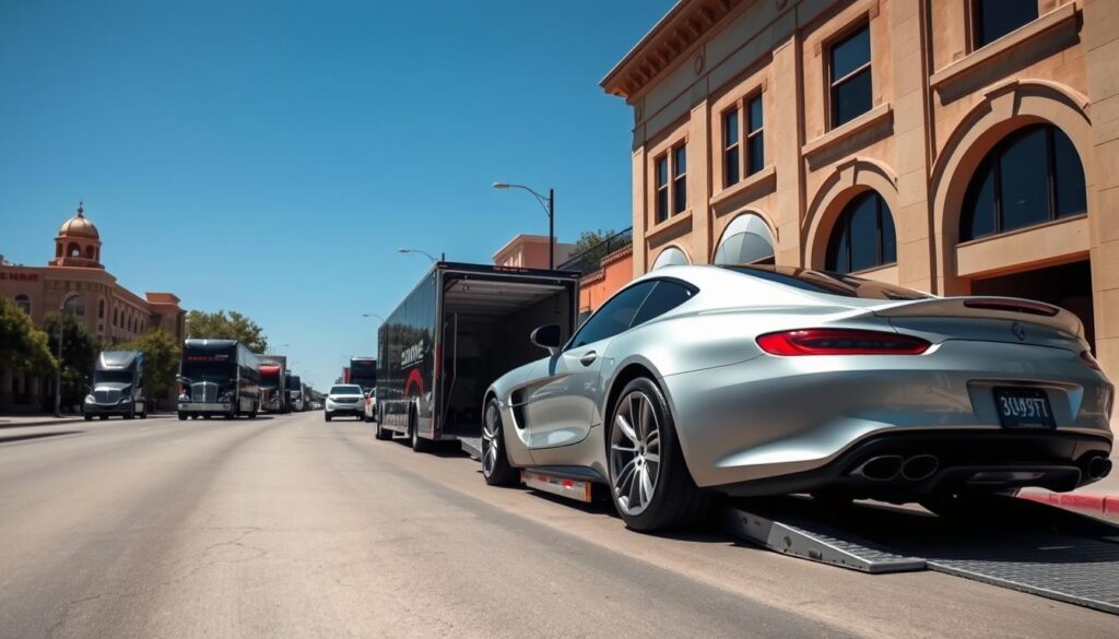 A wide, well-lit street in downtown Waco, Texas, with several car transport trucks and trailers parked along the curb. In the foreground, a sleek, silver sports car is being loaded onto one of the transport trailers using a hydraulic lift. The surrounding buildings have a classic, Southwestern architectural style, and the sky is a bright, cloudless blue. The scene conveys a sense of efficiency and professionalism in the local auto transport and car shipping industry. A wide, well-lit street in downtown Waco, Texas, with several car transport trucks and trailers parked along the curb. In the foreground, a sleek, silver sports car is being loaded onto one of the transport trailers using a hydraulic lift. The surrounding buildings have a classic, Southwestern architectural style, and the sky is a bright, cloudless blue. The scene conveys a sense of efficiency and professionalism in the local auto transport and car shipping industry.