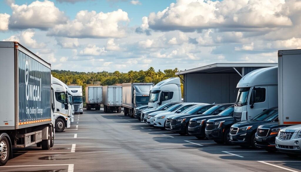 An Ocala car shipping yard with multiple transport trucks and automobiles in the foreground, reflecting the reliable and efficient services of the local car shipping company. The yard is well-lit, with a clean, organized layout and a modern, professional atmosphere. In the background, the sunny Florida landscape provides a scenic backdrop, conveying the convenience and accessibility of the Ocala location. The overall composition suggests a trustworthy and customer-focused car shipping operation, ready to handle the transportation needs of the local community. An Ocala car shipping yard with multiple transport trucks and automobiles in the foreground, reflecting the reliable and efficient services of the local car shipping company. The yard is well-lit, with a clean, organized layout and a modern, professional atmosphere. In the background, the sunny Florida landscape provides a scenic backdrop, conveying the convenience and accessibility of the Ocala location. The overall composition suggests a trustworthy and customer-focused car shipping operation, ready to handle the transportation needs of the local community.