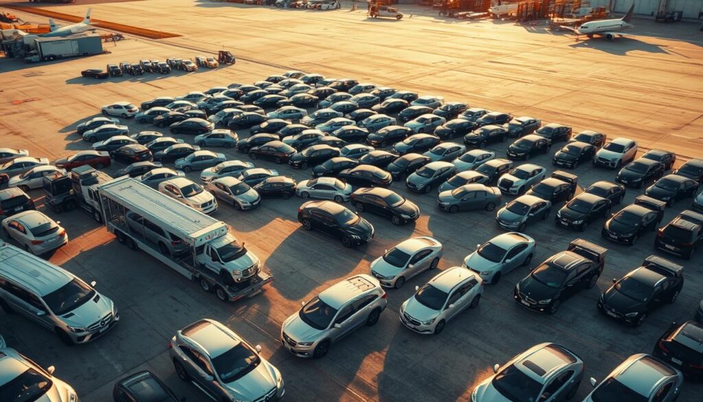 An aerial view of a bustling car shipping yard, showcasing a diverse array of vehicles stacked neatly in rows. The scene is bathed in warm, golden sunlight, casting long shadows across the tarmac. In the foreground, a few cars are being loaded onto specialized transport trucks, their pristine exteriors gleaming. In the middle ground, rows of sedans, SUVs, and pickup trucks await their turn, while in the distance, a fleet of car carriers departs, their cargo securely fastened. The overall atmosphere conveys the efficiency and scale of the car shipping industry, providing a visual representation of the typical car shipping costs in the United States. An aerial view of a bustling car shipping yard, showcasing a diverse array of vehicles stacked neatly in rows. The scene is bathed in warm, golden sunlight, casting long shadows across the tarmac. In the foreground, a few cars are being loaded onto specialized transport trucks, their pristine exteriors gleaming. In the middle ground, rows of sedans, SUVs, and pickup trucks await their turn, while in the distance, a fleet of car carriers departs, their cargo securely fastened. The overall atmosphere conveys the efficiency and scale of the car shipping industry, providing a visual representation of the typical car shipping costs in the United States.