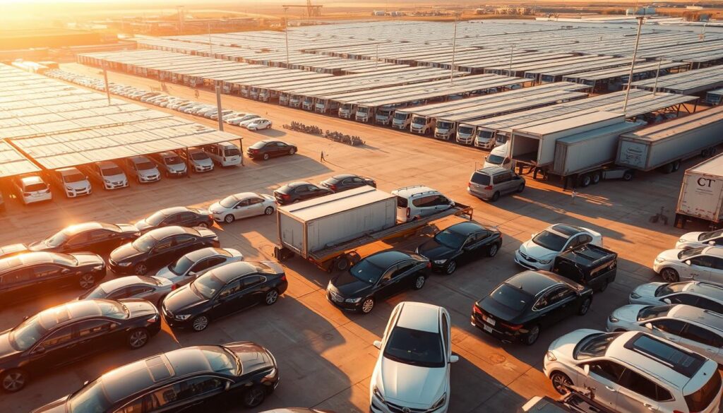 An aerial view of a car shipping yard in Lubbock, Texas, bathed in warm afternoon light. In the foreground, a fleet of glossy, freshly-washed cars await loading onto specialized transport trucks. In the middle ground, skilled operators expertly maneuver the vehicles onto the carriers using hydraulic lifts. The background features a sprawling facility with rows of covered bays, creating an organized, efficient atmosphere. The scene conveys a sense of professionalism, attention to detail, and a commitment to safe, reliable vehicle transport for Lubbock residents. An aerial view of a car shipping yard in Lubbock, Texas, bathed in warm afternoon light. In the foreground, a fleet of glossy, freshly-washed cars await loading onto specialized transport trucks. In the middle ground, skilled operators expertly maneuver the vehicles onto the carriers using hydraulic lifts. The background features a sprawling facility with rows of covered bays, creating an organized, efficient atmosphere. The scene conveys a sense of professionalism, attention to detail, and a commitment to safe, reliable vehicle transport for Lubbock residents.