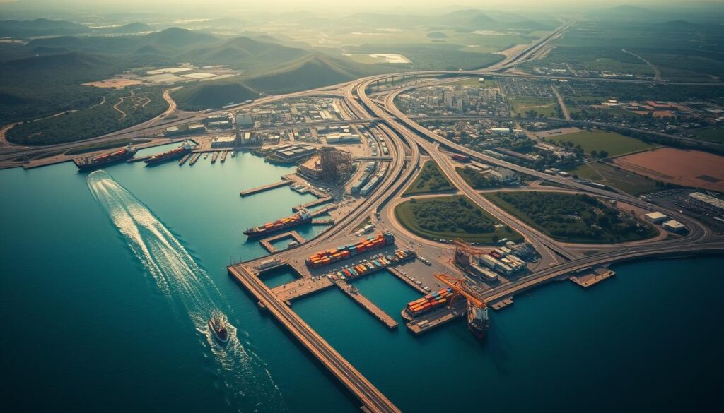 An aerial view of major shipping routes converging on the coastal city of Kingsville. The foreground depicts a network of cargo ships navigating through the bustling harbor, their hulls cutting through the serene turquoise waters. In the middle ground, roads and rail lines fan out from the port, facilitating the efficient transport of goods to and from the city. The background showcases the lush, rolling hills and verdant landscapes that surround Kingsville, creating a picturesque setting for this crucial transportation hub. The lighting is warm and golden, casting a soft, inviting glow over the entire scene. The composition emphasizes the interconnectedness of Kingsville's transportation infrastructure, highlighting its strategic importance as a hub for reliable auto transport and car shipping. An aerial view of major shipping routes converging on the coastal city of Kingsville. The foreground depicts a network of cargo ships navigating through the bustling harbor, their hulls cutting through the serene turquoise waters. In the middle ground, roads and rail lines fan out from the port, facilitating the efficient transport of goods to and from the city. The background showcases the lush, rolling hills and verdant landscapes that surround Kingsville, creating a picturesque setting for this crucial transportation hub. The lighting is warm and golden, casting a soft, inviting glow over the entire scene. The composition emphasizes the interconnectedness of Kingsville's transportation infrastructure, highlighting its strategic importance as a hub for reliable auto transport and car shipping.