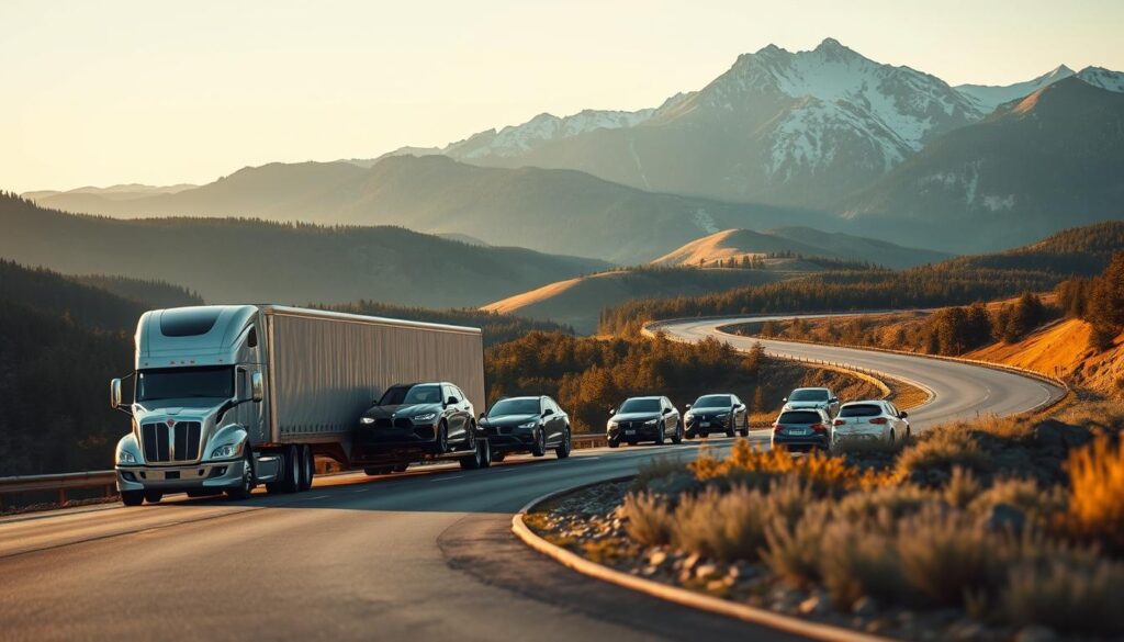An auto transport company with sleek, modern trucks transporting gleaming cars along a winding mountain road. In the foreground, a large semi-truck with an enclosed trailer carries several luxury vehicles, its chrome accents shining in the warm afternoon sunlight. The middle ground features rolling hills and lush, verdant forests, with the road snaking through the landscape. In the background, rugged snow-capped peaks rise up, creating a majestic and picturesque setting. The lighting is soft and diffused, creating a sense of tranquility and professionalism. The overall mood conveys a reliable, safe, and efficient auto transport service, well-suited to the needs of Seagoville customers. An auto transport company with sleek, modern trucks transporting gleaming cars along a winding mountain road. In the foreground, a large semi-truck with an enclosed trailer carries several luxury vehicles, its chrome accents shining in the warm afternoon sunlight. The middle ground features rolling hills and lush, verdant forests, with the road snaking through the landscape. In the background, rugged snow-capped peaks rise up, creating a majestic and picturesque setting. The lighting is soft and diffused, creating a sense of tranquility and professionalism. The overall mood conveys a reliable, safe, and efficient auto transport service, well-suited to the needs of Seagoville customers.