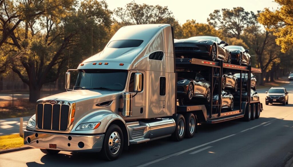 An auto transport truck, with a sleek silver body and a raised cab, carrying a load of pristine, gleaming new cars on its multi-tiered trailer. The scene is set against a backdrop of a sun-dappled, tree-lined road in Cleburne, Texas, with the occasional passing vehicle adding to the sense of a bustling, thriving community. The lighting is warm and natural, creating a sense of reliability and professionalism. The camera angle is slightly elevated, capturing the impressive scale and capabilities of the auto transport, conveying the trust and dependability of the service it represents.